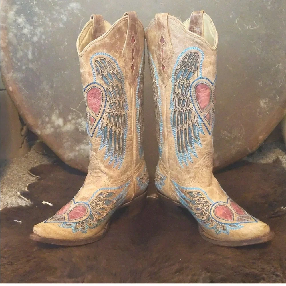 CORRAL Vintage Distressed Wings Hearts & Peace A1976 distressed boots Size 9.5 - Picture 3 of 15